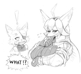 anthro big_breasts blush breasts clothing cute_fangs dialogue duo eye_patch eyewear fangs female gloves handwear huge_breasts inner_ear_fluff interrobang kemono looking_at_viewer smile smirk teeth text tuft chelostracks meribeth canid canine domestic_cat felid feline felis mammal 2016 bust_portrait english_text monochrome portrait