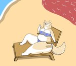 anthro bandeau beach big_breasts breasts clothing female seaside sitting slightly_chubby slightly_chubby_female solo thick_thighs topwear buraian287 laika_(buraian287) canid canine canis domestic_dog mammal shiba_inu spitz