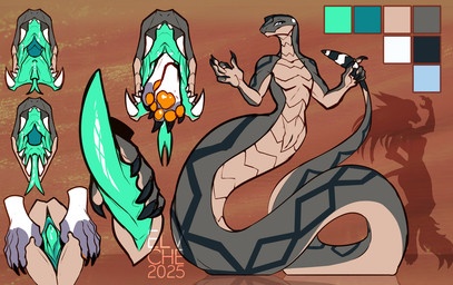 animal_genitalia anthro bared_fangs genital_slit genitals looking_at_viewer male muscular open_mouth serpentine solo spread_slit vore_implied conditional_dnp elvche scalie 2025 digital_media_(artwork) model_sheet