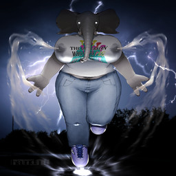 3_fingers anthro big_ears blue_bottomwear blue_clothing blue_jeans blue_pants bodily_fluids bottomwear clothing denim denim_bottomwear denim_clothing ear_piercing ear_ring electricity electricity_manipulation elemental_manipulation energy female fingers floating floating_in_air footwear glowing glowing_eyes horn jeans lactating lightning looking_at_viewer night pants piercing projectile_lactation purple_clothing purple_footwear purple_shoes ring_piercing shirt shoes sneakers solo storm storm_clouds text topwear white_clothing white_shirt white_topwear band1tnsfw jodie_hughes_(band1tnsfw) elephant elephantid mammal proboscidean 1:1 absurd_res english_text hi_res