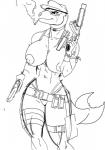 abs anthro areola big_breasts breasts cigarette clothed clothing female gun handgun hat headgear headwear looking_at_viewer nipples non-mammal_breasts non-mammal_nipples pistol ranged_weapon rifle smile solo standing topless weapon wide_hips rastaban_coal lizard reptile scalie hi_res monochrome