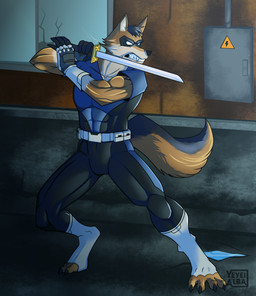 anthro belt clothed clothing fight gloves hair handwear long_tail male mask melee_weapon muscular pose solo street superhero superhero_costume sword tail utility_belt warrior weapon wearing_mask yeyeialba jack_(alphaleader) syris canid canine canis mammal wolf absurd_res hi_res