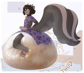 ambiguous_gender anthro bed bell bell_collar big_diaper big_tail brown_body clothing collar diaper diaper_squish excessive_feces exclamation_point feces furniture huge_diaper hyper hyper_diaper hyper_feces hyper_soiling looking_back onesie onomatopoeia open_onesie pawpads paws shocked soiling solo sound_effects tail text 3amrabbit mammal mephitid skunk hi_res