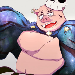anthro belly cape clothing kemono male navel overweight overweight_male scar simple_background solo manekanaineko domestic_pig mammal suid suine sus_(pig) 1:1 2015
