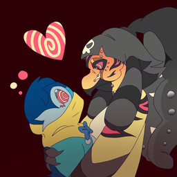 beak blush blush_lines drunk duo female heart_symbol holding_another hypnosis hypnotic_eyes male male/female mask mind_control piercing substance_intoxication voided_ghoul nintendo pokemon fan_character generation_3_pokemon generation_4_pokemon mawile piplup pokemon_(species) 1:1 2026 digital_media_(artwork)