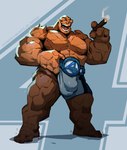 anthro belt big_bulge bottomwear bulge cigar clothing male orange_body rock shorts smile smirk smoking solo superhero arts_of_indiego marvel marvel_rivals ben_grimm the_thing_(marvel) elemental_creature mineral_fauna rock_creature hi_res