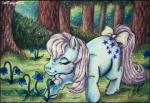 ass_up blue_body blue_fur detailed_background eyes_closed female feral flower forest fur green_body green_fur grey_hair hair outside plant shrub sniffing solo text tree white_hair lolliangel00 hasbro my_little_pony blue_belle_(mlp_g1) earth_pony equid equine horse mammal pony english_text hi_res