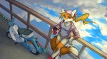 absurd_res anthro canid canine clothing female fox halley_maxwell hi_res hobbes_maxwell honda hoodie mammal motor_scooter motor_vehicle river solo topwear trans_(lore) trans_woman_(lore) vehicle