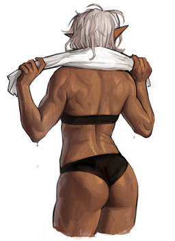 athletic athletic_female back_muscles black_clothing black_underwear bodily_fluids butt clothing dark_body dark_skin female hair humanoid_pointy_ears olivia_(fiship) pointy_ears rear_view solo sweat sweaty_body sweaty_butt towel towel_around_neck underwear wet wet_body white_hair fiship elf human mammal absurd_res hi_res portrait three-quarter_portrait