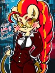 anthro bottomwear breasts clothing eyewear female glasses hair necktie pants red_eyes red_hair shirt solo suit tail text topwear uniform yellow_body lewdchuu_(artist) nintendo pokemon generation_6_pokemon pokemon_(species) pyroar 3:4 english_text