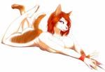 5_fingers anthro breast_rest breasts brown_hair female fingers hair looking_at_viewer lying on_front simple_background smile solo tail white_background yellow_eyes savemekitty domestic_cat felid feline felis mammal 2017 digital_media_(artwork)