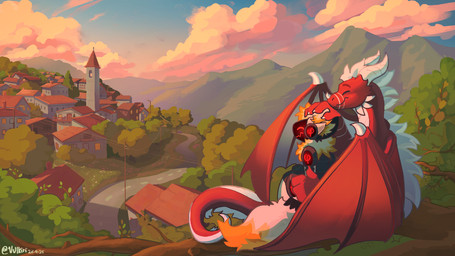 anthro branch building cloud cybernetics duo fur headpat horn leaf machine male male/male mountain narrowed_eyes petting plant power_lines red_body red_fur road sitting smile squint sunset tail tree white_body white_fur wings yellow_body yellow_fur vulkiri mythology intensa phi_the_protogen cyborg dragon mythological_creature mythological_scalie protogen scalie 16:9 hi_res widescreen
