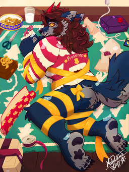 arms_tied bottomless bound box butt claws clothed clothing container cookie embarrassed embarrassed_male feet food gift gift_bow gift_box gift_wrapped hands_tied holidays lasso legs_tied male milk pawpads paws ribbons shy solo tail toe_claws topwear topwear_only yule mrdarknesswolf christmas mythology mrdarknesswolf_(character) canid canine canis demon hybrid mammal mythological_canine mythological_creature werecanid werecanine werecreature werewolf wolf 3:4 absurd_res hi_res