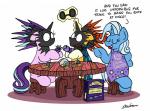 2018 absurd_res apron bobthedalek christmas_cracker clothing container cup dialogue english_text equid equine eyewear female friendship_is_magic furniture glasses group hasbro hi_res horn humor innuendo male mammal my_little_pony mythological_creature mythological_equine mythology soot starlight_glimmer_(mlp) sunburst_(mlp) table tea_cup teapot text trixie_(mlp) unicorn