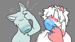 2_fingers after_transformation ambiguous_gender anthro blue_lips blush blush_lines confusion dizzy donut_mouth duo eyeless fingers fur grey_background hand_on_head horn hyper hyper_lips lips male male/ambiguous pink_body pink_fur simple_background thick_lips transformation white_body white_fur midnite_fsnax rox_(midnite_fsnax) bovid caprine goat hybrid mammal 16:9 hi_res widescreen trans_(lore) trans_man_(lore)