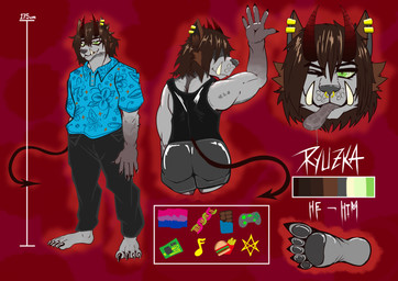 5_fingers aloha_shirt anthro biped bisexual_pride_colors black_mouth black_nails bodily_fluids boxer_briefs brown_hair claws clothing color_swatch colored_nails fangs feet fingers green_eyes grey_body hair horn humanoid_feet lgbt_pride looking_at_viewer male male_anthro nails one_eye_closed pattern_clothing pattern_shirt pattern_topwear piercing plantigrade pride_colors saliva shirt simple_background smile solo spade_tail tail tank_top teeth tongue tongue_out topwear underwear wink winking_at_viewer ryuzka canid canine canis demon hybrid mammal wolf absurd_res digital_media_(artwork) hi_res model_sheet