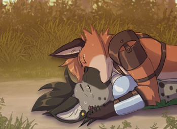 anthro armor blush bodily_fluids cape clothed clothing duo ear_piercing ear_ring fantasy forest forest_background fur grass hair harness kissing male male/male markings muzzle_kiss orange_body orange_fur piercing plant ring_piercing spots spotted_body spotted_fur sweat tears tree habiyeru canid canine fox hyena mammal digital_media_(artwork)
