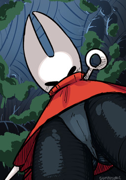 2_horns biped black_body black_eyes blush blush_lines butt cloak clothing empty_eyes female horn looking_at_viewer looking_down low-angle_view melee_weapon red_cloak red_clothing solo standing text underwear weapon gummitonic hollow_knight_(franchise) team_cherry hornet_(hollow_knight) arthropod 2025 artist_name english_text hi_res