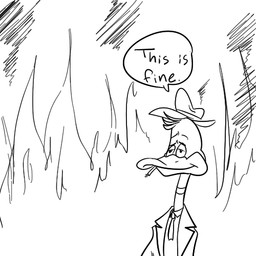 accessory beak burning cigarette clothing dialogue fire hat headgear headwear jacket male necktie oblivious smoking solo text topwear unknown_artist this_is_fine anatid anseriform avian bird duck 1:1 english_text low_res meme monochrome source_request
