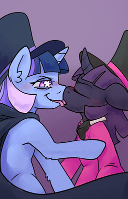 anthro blush cloak clothing duo eyebrows female female/female fur hair hat headgear headwear hooves horn kissing licking licking_lips open_mouth selfcest smile smirk square_crossover suit suit_jacket teeth_showing tongue tongue_out top_hat bananabreadart hasbro my_little_pony mythology tamers12345's_my_little_pony fan_character flawless_sparklemoon equid equine mammal mythological_creature mythological_equine unicorn absurd_res hi_res