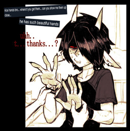 5_fingers alternative_fashion ambiguous_gender awkward black_hair bodily_fluids cartoon_freckles clothing confusion disembodied_hand duo emo fingers freckled_face freckles grabbing_hand hair hand_fetish hand_grab horn humanoid_hands humanoid_pointy_ears male male/ambiguous motion_lines nails not_furry notched_ear palms piercing pointy_ears scar shirt squish sweat sweatdrop text thin_arms topwear dondon don_(dondon) bovid caprine caprine_demon demon demon_humanoid goat_demon humanoid mammal english_text