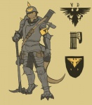 anthro armor cigarette clothing explosives grenade hammer headgear helmet male melee_weapon military panzerschrecker pickelhaube ranged_weapon simple_background soldier solo spines symbol tail tools uniform warhammer warrior weapon yellow_background vader-san mythology accipitrid accipitriform avian bird dragon eagle mythological_creature mythological_scalie scalie 2013