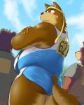 621_(number) accessory anthro blush bottomwear butt clothed clothing headband looking_at_viewer looking_back male overweight overweight_anthro overweight_male rear_view shorts skimpy solo thick_thighs tight_clothing chuuta_(pixiv) canid canine canis domestic_dog mammal 4:5