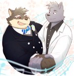 anthro bow_tie clothing dancing duo hand_holding male male/male necktie romantic romantic_couple scar slow_dance smile suit freakinglargeoof lifewonders tokyo_afterschool_summoners moritaka_(tas) canid canine canis domestic_dog mammal hi_res