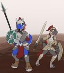 anthro armor duo headgear helmet horn male open_mouth simple_background tala128 mario_bros nintendo rayoshi black_yoshi blue_yoshi scalie yoshi hi_res