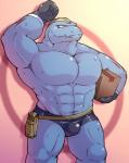 abs anthro biceps bodily_fluids bulge clothing gloves handwear male muscular muscular_anthro muscular_male pecs simple_background smile solo sweat thong underwear aqui nintendo pokemon generation_1_pokemon machoke pokemon_(species) 2018