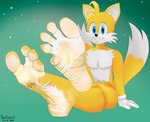 5_toes anthro feet foot_fetish foot_focus fur looking_at_viewer male male_feet plantigrade simple_background smile soles solo spread_toes toes white_body white_fur white_soles wrinkled_feet wrinkles yellow_body neckbeardfinalboss sega sonic_the_hedgehog_(series) miles_prower canid canine fox mammal hi_res