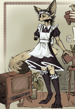 alternative_fashion anthro big_ears black_clothing book brown_body brown_fur clothed clothing crossdressing dipstick_tail dusting electronics feet fluffy fluffy_tail frilly frilly_clothing fur holding_object jewelry legwear maid_apron maid_headdress maid_uniform male markings missing_arm piercing plant rug simple_background solo tail tail_markings television uniform yellow_eyes tessa_gaf canid canine fennec_fox fox mammal true_fox hi_res