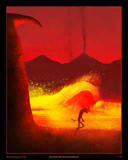 anthro black_border border lava male mountain red_sky running silhouette sky smoke solo tail text sharkinthepark rowel_(sharkinthepark) canid canine fox mammal 2025 4:5 absurd_res comic english_text hi_res