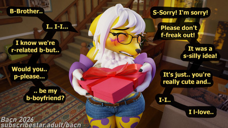 anthro blush claws clothed clothing detailed_background dialogue eyewear female female_anthro fingers fully_clothed fur furniture glasses hair holding_object holidays inside offscreen_character romantic solo speech_bubble standing talking_to_viewer teeth text topwear white_body white_fur yellow_body bacn bandai_namco digimon valentine's_day renny_(bacn) canid canine digimon_(species) fox mammal renamon 16:9 2026 3d_(artwork) 4k absurd_res blender_(artwork) blender_cycles_(artwork) digital_media_(artwork) english_description english_text hi_res widescreen incest_(lore) sibling_(lore) sister_(lore)
