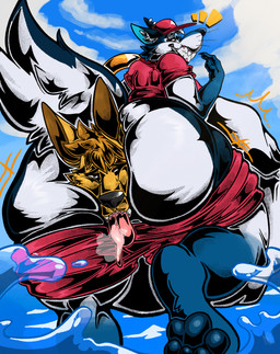 abdominal_bulge anal anal_vore anthro belly big_belly big_butt bodily_fluids bottomwear bottomwear_down butt clenched_teeth clothed clothing duo ear_piercing eyewear fangs fur glasses hair half-closed_eyes hat head_turned headgear headwear inner_ear_fluff male narrowed_eyes pants pants_down partially_clothed partially_submerged paws piercing raised_tail rear_view saliva saliva_on_tongue saliva_string shirt tail teeth tongue tongue_out topwear tuft vore wave whiskers awoogasm fan_character canid canine canis coyote mammal wolf 2026 hi_res signature
