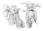 anthro beastars blush canid canine canis clothed clothed/nude clothing countershading dialogue digital_media_(artwork) duo english_text female hi_res juno_(beastars) legoshi_(beastars) male male/female mammal monochrome nude shaded text the-minuscule-task wolf