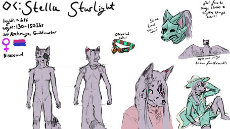 anthro armor barbie_doll_anatomy bisexual_pride_colors bottomwear clothing collar eye_spots female female_symbol fur gender_symbol green_clothin green_clothing green_eyes grey_body grey_fur hair hat headgear headwear helmet lgbt_pride nude pink_clothing pride_colors robe shorts solo symbol tied_hair wings witch_hat starlithe stella_starlight_(starlithe) canid canine fox mammal hi_res model_sheet