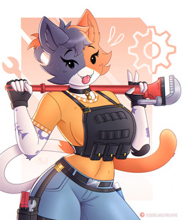 anthro blep collar female solo tail thick_thighs tongue tongue_out tools sulldfox epic_games fortnite cate_meowdy calico_cat domestic_cat felid feline felis mammal absurd_res hi_res