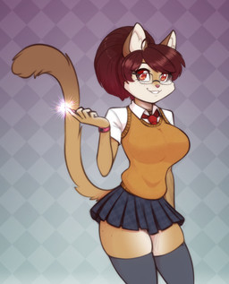 accessory anthro big_breasts bottomwear breasts clock clothed clothing eyebrow_through_hair eyebrows eyelashes eyewear female freckles furgonomics glasses hair inner_ear_fluff legwear looking_at_viewer magic miniskirt necktie skirt smile solo tail tail_through_skirt translucent translucent_hair tuft watch wristwatch scorpdk domestic_cat felid feline felis mammal 2022 hi_res