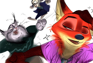 4_fingers anthro bottomwear brown_body brown_fur clothed clothing female fingers fur grey_body grey_fur jacket multicolored_body multicolored_fur narrowed_eyes one_eye_closed open_mouth orange_body orange_fur pants shirt simple_background sweater tan_body tan_fur teeth topwear white_background nibkman0304 disney naoya_hair_flip zootopia judy_hopps nick_wilde pawbert_lynxley canada_lynx canid canine european_rabbit felid feline fox lagomorph leporid lynx mammal oryctolagus rabbit red_fox true_fox hi_res meme