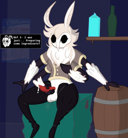 alcohol alternate_universe ambiguous_gender antennae_(anatomy) anthro balls barrel beverage bodily_fluids bottomwear bottomwear_down box caught clothed clothing container cooking_with_kindness dialogue fluffy fluffy_hair genital_fluids genitals hair herm intersex looking_at_viewer luna_(cooking_with_kindness) male male/ambiguous masturbation milk multi_arm multi_limb nervous pants pants_down partially_clothed penis precum shirt simple_face sitting solo topwear wide_eyed wine villegreen undertale_(series) arthropod insect lepidopteran moth hi_res