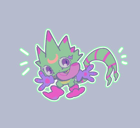 anthro chibi clothing gloves green_body handwear long_tongue male purple_eyes solo tongue myonen_yumeyume bandai_namco digimon digimon_beatbreak digimon_(species) gekkomon scalie