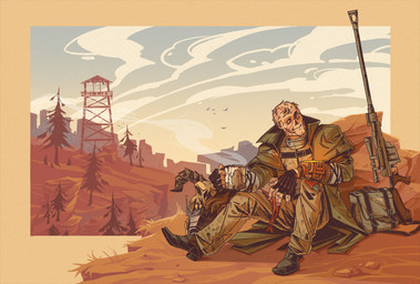 ambiguous_gender armor bone boots bottomwear clothing container cup duster_coat fingerless_gloves footwear gloves gun handwear headgear helmet holding_container holding_cup holding_object looking_aside messenger_bag missing_nose mojave_express nature nature_background necrosis not_furry outside pants pip-boy ranged_weapon rifle shoes skull sniper_rifle solo stylized_background watch_tower weapon zeniffzen fallout microsoft ghoul_(fallout) humanoid