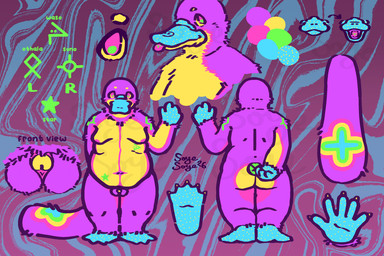 5_fingers 5_toes abstract_background ambiguous_gender andromorph ankle_tuft anthro arm_tattoo arm_tuft aromantic_pride_colors asexual_pride_colors balls belly belly_tattoo big_clitoris blonde_eyebrows blue_background blue_body blue_markings blue_skin body_hair breasts butt cheek_tuft chest_tuft circle_eyebrows claws clitoris color_swatch countershade_belly countershade_butt countershade_neck countershade_torso countershading digitigrade directional_arrow duck_bill eyebrows facial_tuft feet fingers fluffy fur genderqueer_pride_colors genitals glyphs green_eyes green_markings green_tattoo hand_behind_back happy_trail intersex intersex_pride_colors leg_tuft lesbian_pride_colors lgbt_pride looking_at_viewer looking_up markings metoidioplasty mouth_closed multicolored_body multicolored_eyes multicolored_fur navel_markings neck_tuft neon neurodiversity_pride_symbol nipple_markings no_navel nude_anthro open_mouth othala_rune overweight overweight_anthro pansexual_pride_colors pink_background pink_body pink_clitoral_hood pink_eyes pink_fur pink_markings pink_mouth pink_tongue pink_vulva platypus_tail plurality pride_color_flag pride_colors pronouns pubes purple_body purple_fur purple_pubes raised_hand rear_view rib_tattoo runes shoulder_tattoo shoulder_tuft simple_background smile solo sparkles sparkling_body spiral_background star t_dick tail tail_markings tail_tuft tattoo text therian_symbol toe_claws toes tongue tongue_out tuft vulva wrist_tuft yellow_body yellow_claws yellow_clitoris yellow_fur yellow_markings yellow_sclera soyesoye soye_(soyesoye) mammal monotreme platypus 2026 3:2 character_name colored constructed_language digital_drawing_(artwork) digital_media_(artwork) hi_res line_art model_sheet signature sitelen_pona species_name toki_pona_text