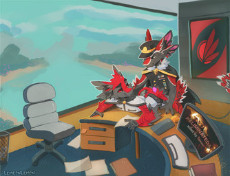 animal_genitalia animal_penis anthro bent_over bent_over_desk black_body black_feathers black_uniform bodily_fluids book cable cape carpet chair claws clothing computer desk desktop drawers dripping duo electronics eye_contact eyebrows feathers floor flower folder furniture game_over gameplay_mechanics genitals gold_(metal) grey_body grey_feathers hat headgear headwear hill keyboard knot looking_at_another looking_down looking_down_at_partner male male/male medal mismatched_animal_penis mismatched_genitalia mismatched_penis monitor multi_ear office office_chair painting paper paper_bin penis phone plant post-it_note purple_penis red_body red_eyes red_feathers river sand shrub sky smile smug smug_face striped_body stripes table tail tail_feathers tapering_penis text trash_can uniform wall_(structure) water white_body white_eyes white_feathers white_uniform window winged_arms wings wood wood_floor wood_wall lemeonlemon reedernater tawani avali absurd_res hi_res