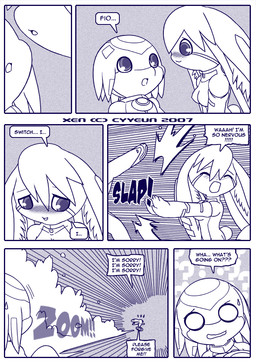 :3 :o anthro apology blush border breasts confusion d: dialogue duo embarrassed eyes_closed facial_markings female female_anthro forehead_markings head_markings huge_ears kemono looking_aside machine male male_anthro markings nervous o_o onomatopoeia open_mouth push pushing question_mark running running_away scared scut_tail short_tail slap_(sound_effect) smile sound_effects speech_bubble surprised tail talking_to_another text tuft white_border cyyeun xen_(series) fio_(xen) switch_(xen) lagomorph leporid mammal rabbit robot robot_anthro 2007 blue_and_white blue_monochrome comic dated english_text monochrome