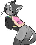 anthro backpack blush clothing female hoodie legwear simple_background solo stockings topwear white_background bobbipup nyan_cat_(copyright) nyan_cat felid feline mammal hi_res meme