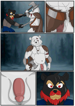 anthro armor axe balls battle black_body black_fur black_nose border duo facial_hair fight flaccid fur genitals male male/male melee_weapon muscular muscular_anthro muscular_male mustache outside penis sword teeth viking warrior weapon white_body white_border white_fur ciel-wolf animal_humanoid bear black_bear humanoid mammal mammal_humanoid polar_bear ursid_humanoid ursine comic