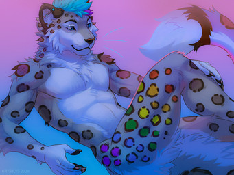 anthro blue_eyes claws dipstick_tail ear_piercing finger_claws fur gradient_background grey_body grey_fur hair industrial_piercing leg_markings leopard_spots looking_aside male markings multicolored_hair multicolored_markings neck_tuft nude nude_anthro nude_male piercing rainbow_markings reclining simple_background solo spots tail tail_markings text tuft whiskers white_body white_fur krysiilys silversnep felid mammal pantherine snow_leopard 2026 4:3 absurd_res artist_name digital_media_(artwork) hi_res