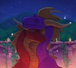 candle cuddling detailed_background duo eyes_closed feral happy horn male male/male night nuzzling outside red_body romantic romantic_ambiance romantic_couple scales sky smile star starry_sky draktau activision european_mythology mythology spyro_the_dragon flame_(spyro) spyro dragon mythological_creature mythological_scalie scalie western_dragon 2020